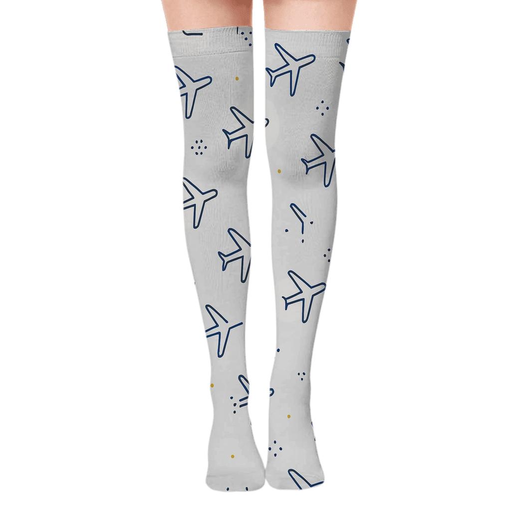 Minimal Airplane Outline Dots On Light Gray unique graphic over-the-knee socks