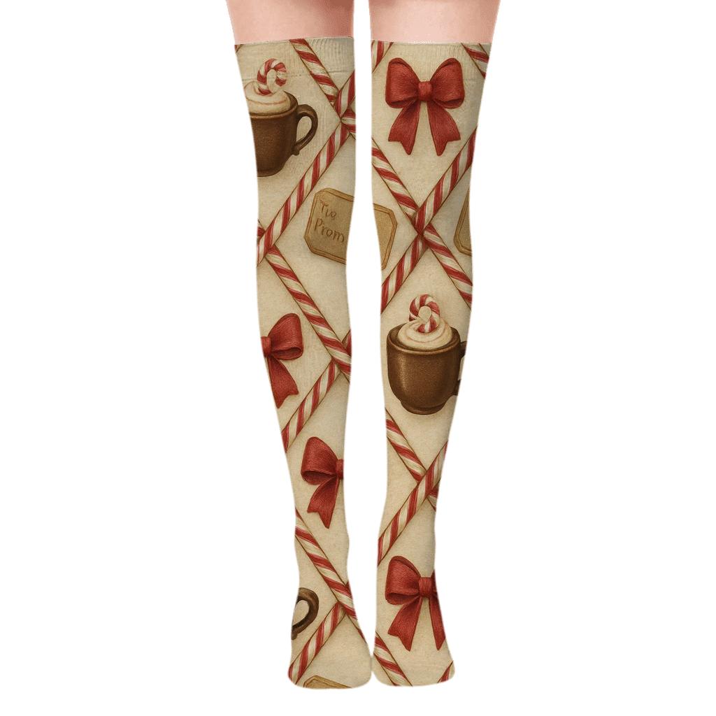 Candy Canes Lattice With Cocoa Mug Anchors designer print over-the-knee socks