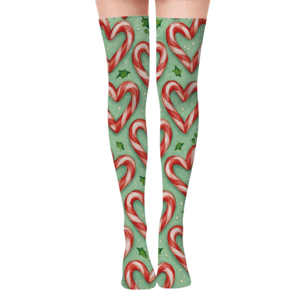 Candy Cane Hearts In Candy Canes Garden Repeat trendy patterned over-the-knee socks