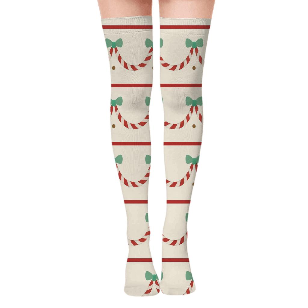 Candy Canes Mini Garland Border And All Over Blend unique graphic over-the-knee socks