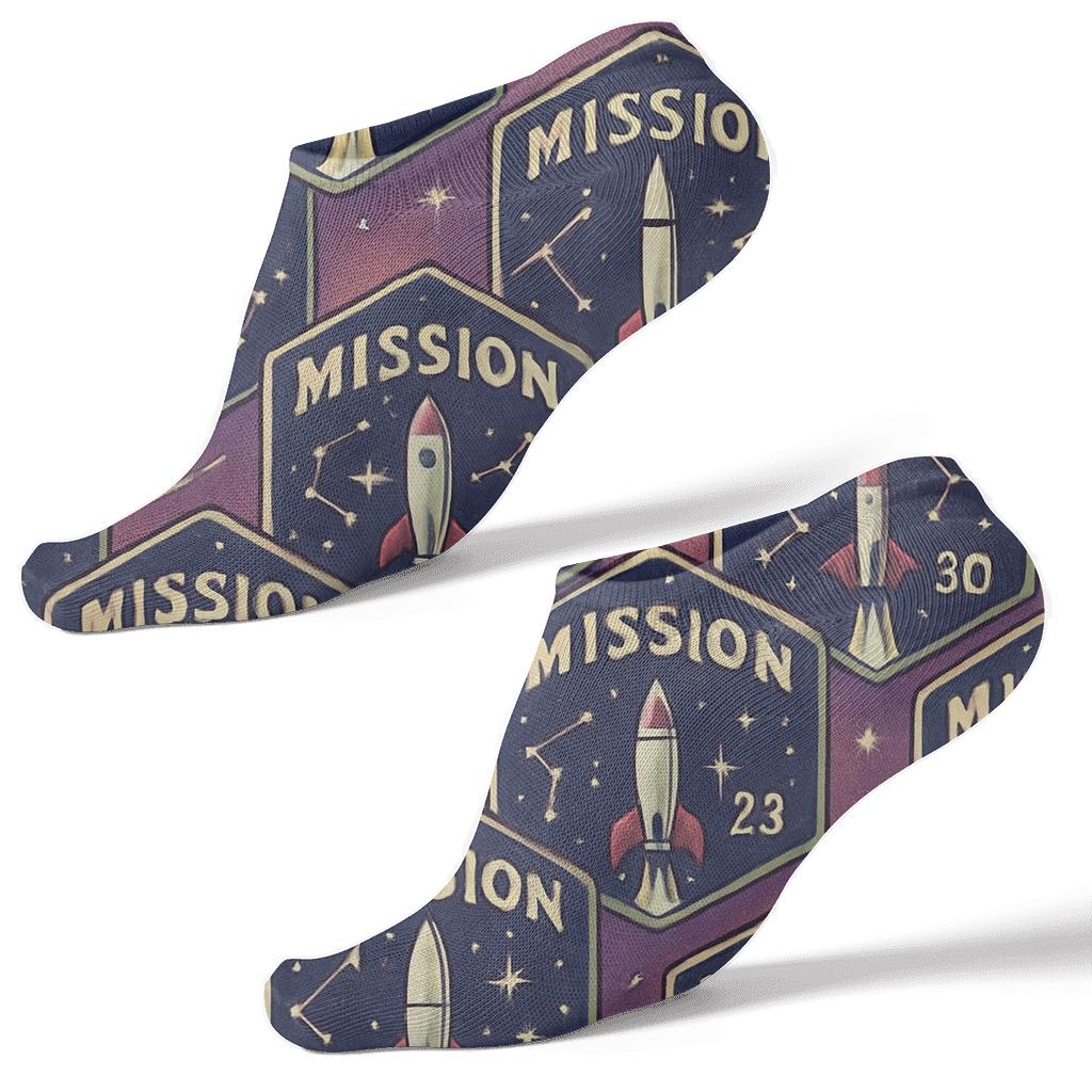 Retro Mission Patch Tessellation On Cosmic Purple Gradient personalized ankle socks