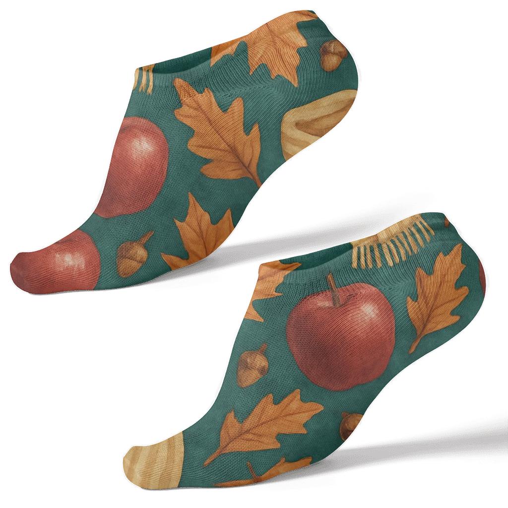 Watercolor Apple And Scarf Diagonal Scatter On Deep Teal Background premium sports ankle socks