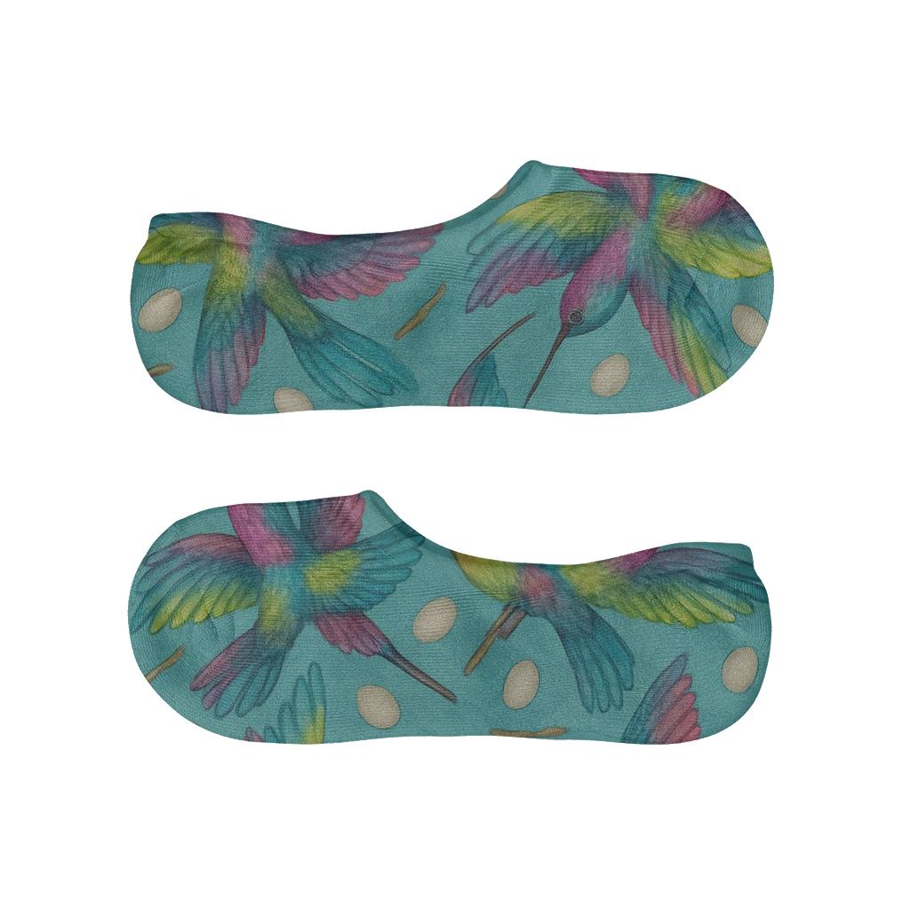 Hummingbird Wing Spiral Tiles On Teal Background anti-slip no-show socks