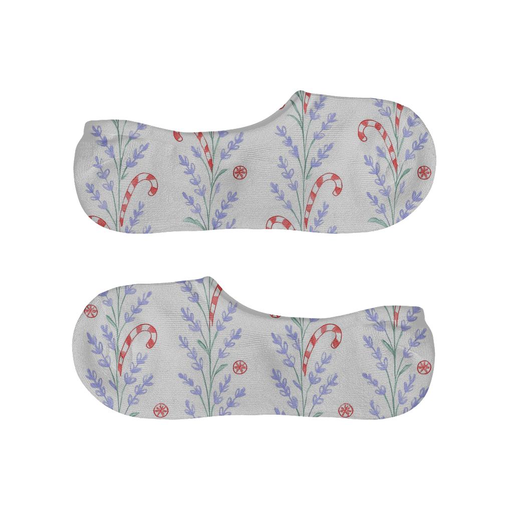 Lavender Candy Cane Vine Stripes On Snow White Background designer print no-show socks