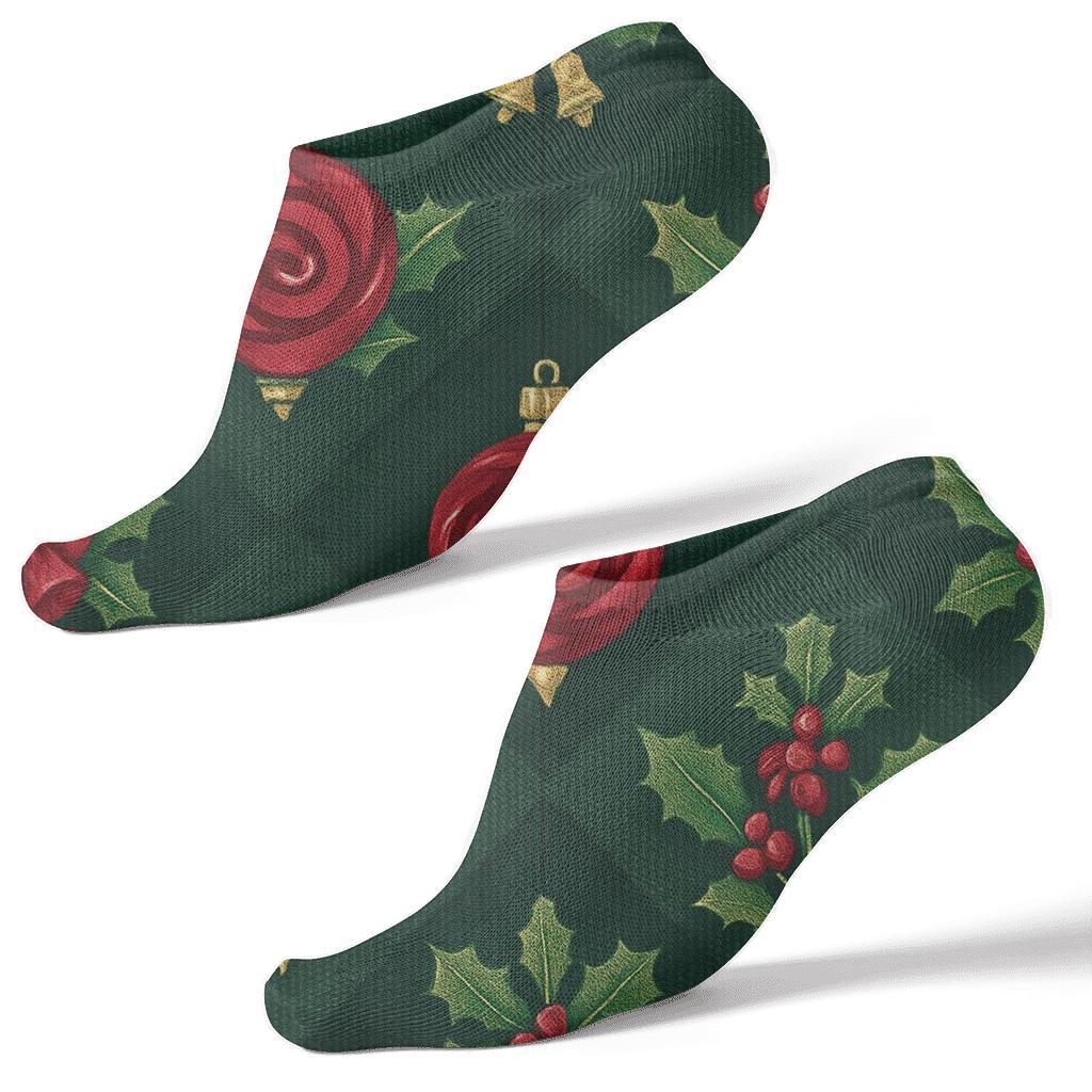 Crimson Rose Ornament Lattice On Evergreen Background unique graphic ankle socks