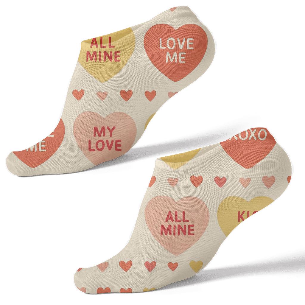 Vintage Candy Packaging Look Valentine’s Candy Heart Tile Bands designer print ankle socks