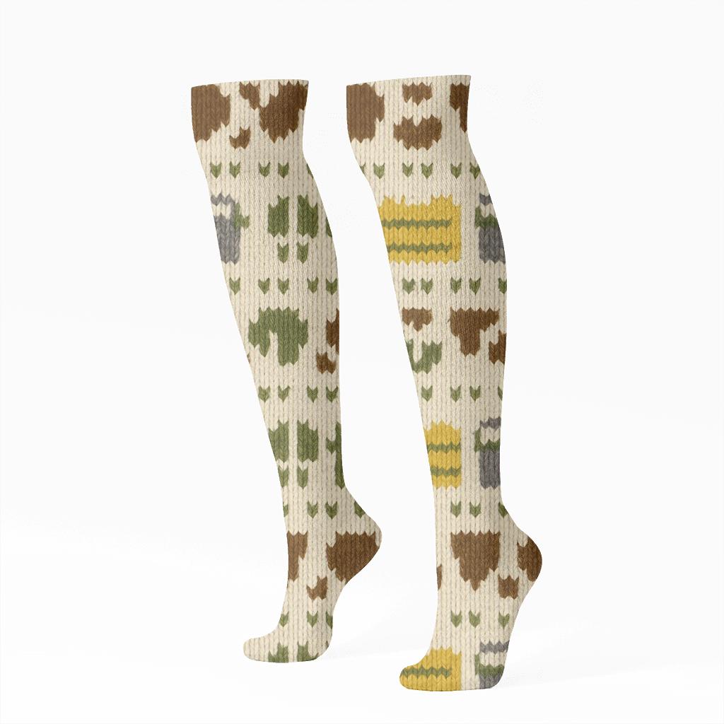 Knitted Illusion Meadow Bands, Cow Edition soft everyday knee-high socks