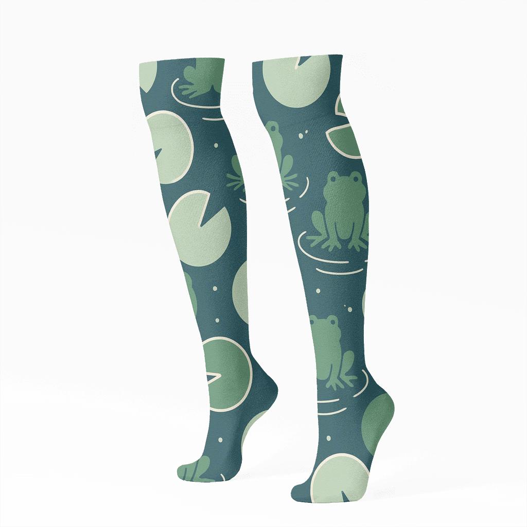 Lily Pad Lattice With Frog Shadows soft everyday knee-high socks