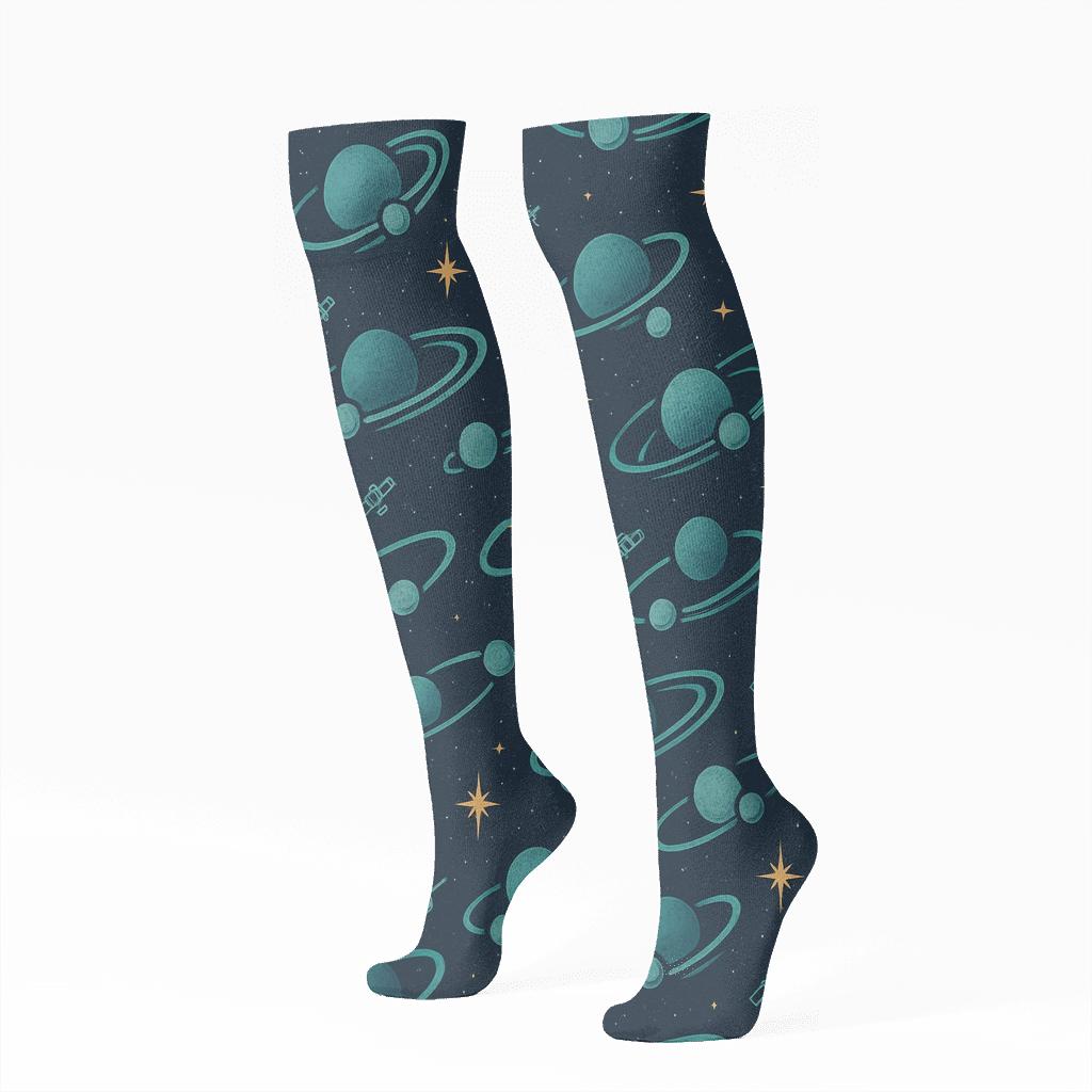 Ionized Teal Orbital Band Tessellation On Deep Navy Background custom knee-high socks