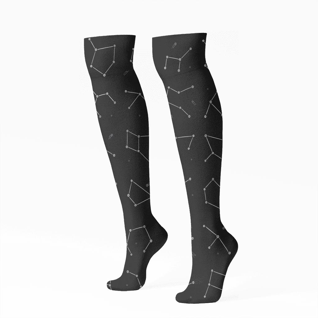 Metallic Silver Constellation Grid On Black Background trendy patterned knee-high socks