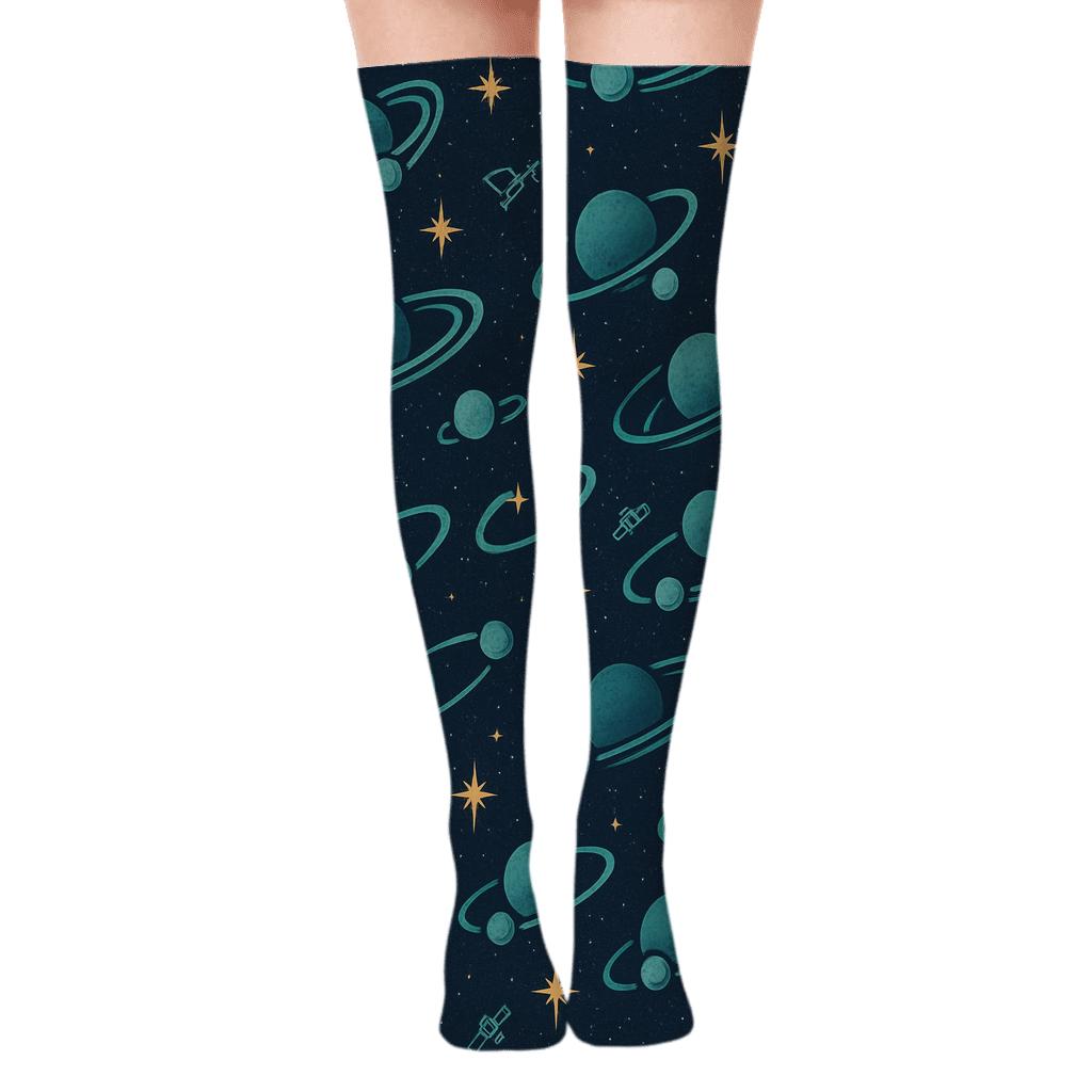 Ionized Teal Orbital Band Tessellation On Deep Navy Background soft everyday over-the-knee socks