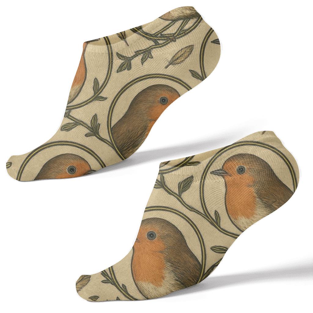 Robin Portrait Medallions On Beige Background designer print ankle socks