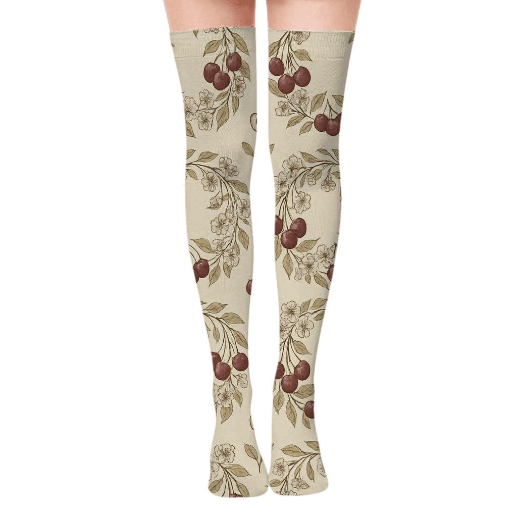Botanical Poster Wreath Repeat With Cherry Detail unique graphic over-the-knee socks