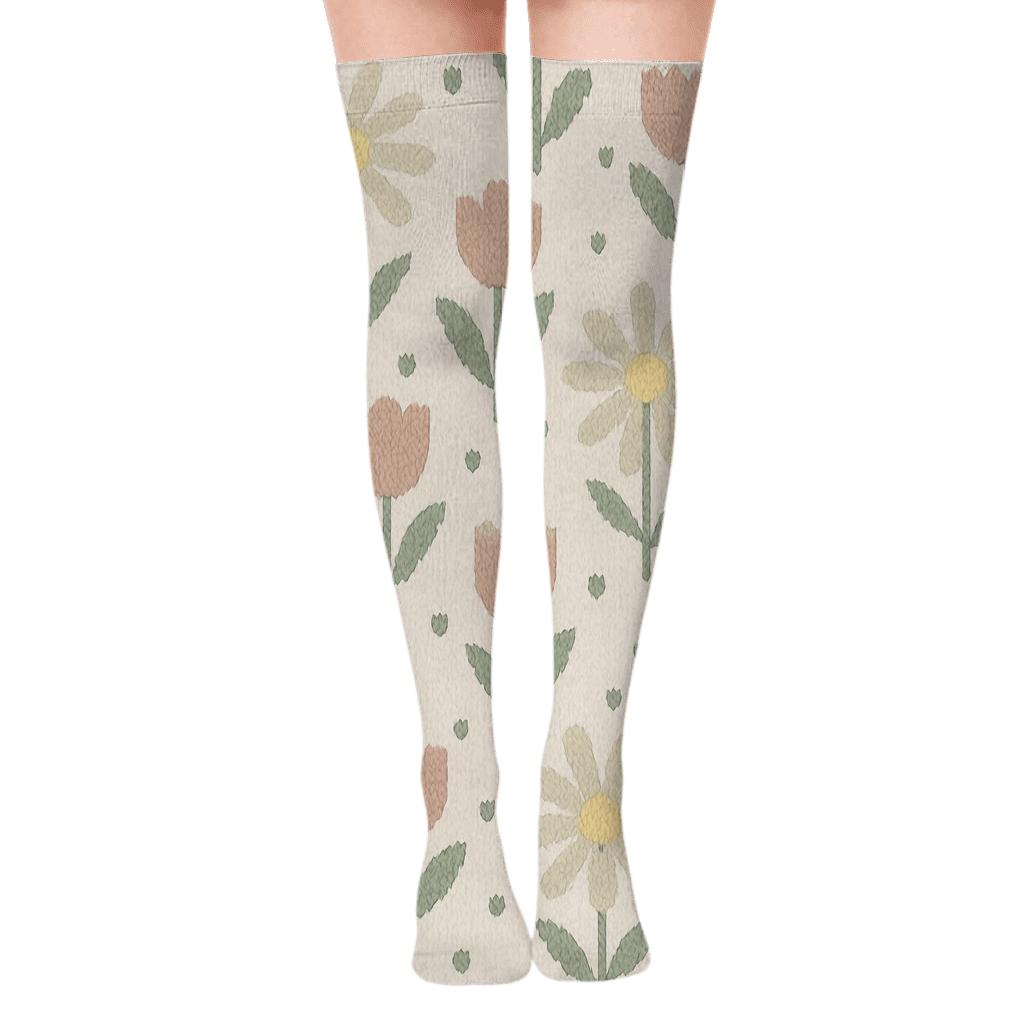 Sage Meadow Daisy And Tulip Knit Illusion Grid On Warm Ivory Background custom over-the-knee socks