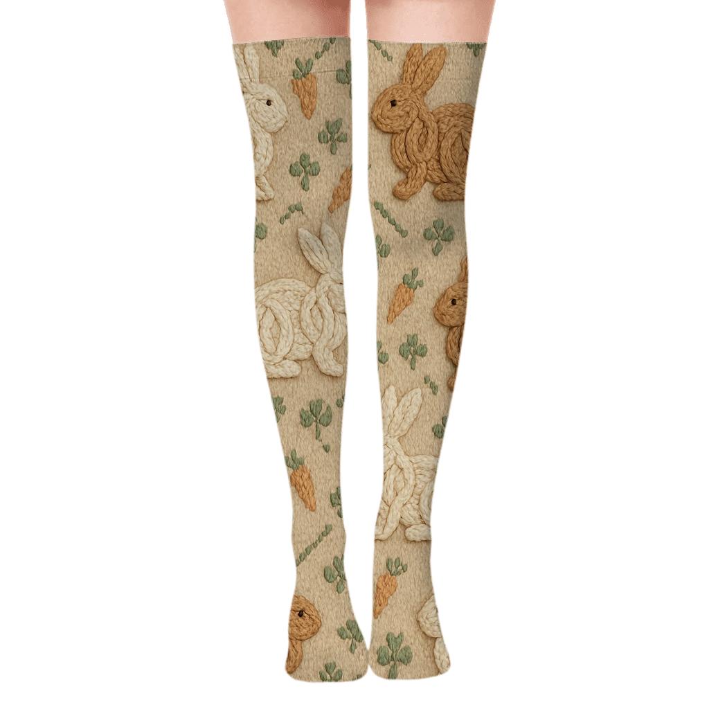 Knitted Meadow Lattice Rabbit Pattern soft everyday over-the-knee socks