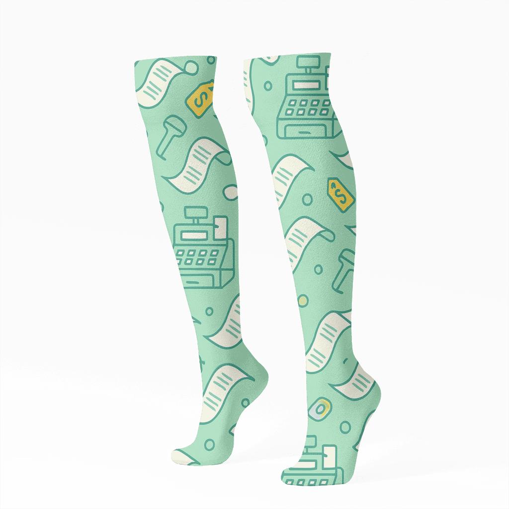 Receipt Ribbon Lattice With Cashier Icons personalized knee-high socks