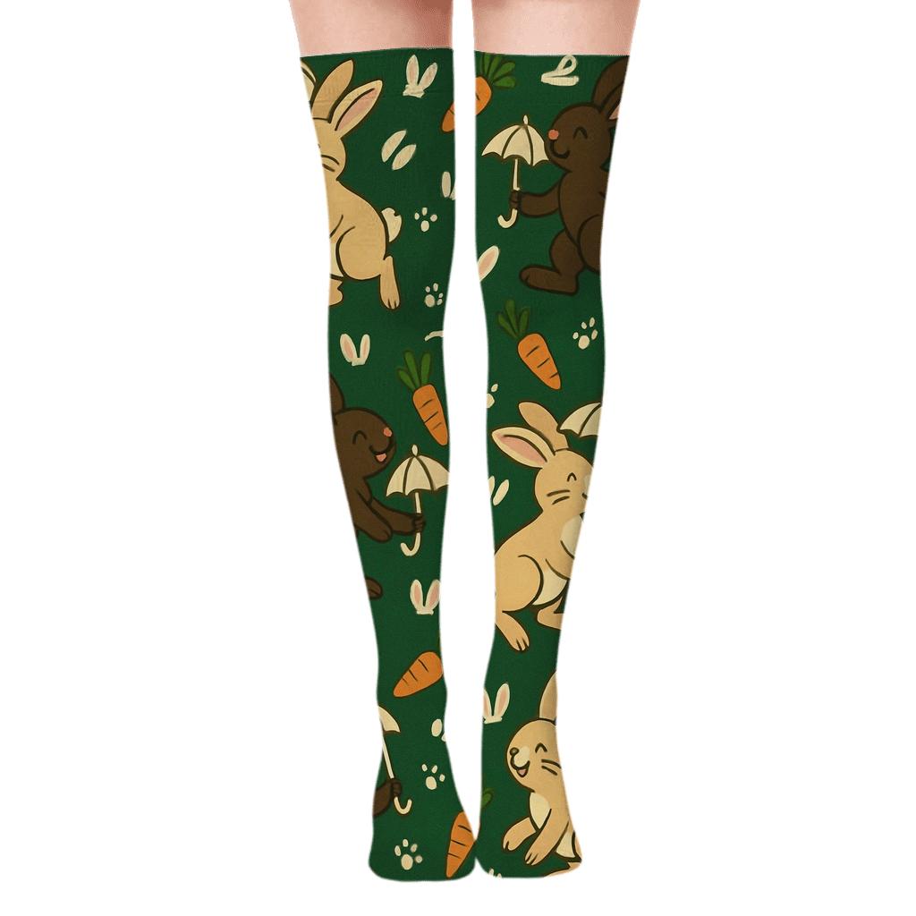 Playful Scene With Rabbit Umbrella Parade trendy patterned over-the-knee socks