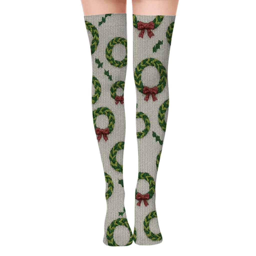 Knitted Illusion Wreath Chain On Soft Silver Ground comfortable cotton over-the-knee socks