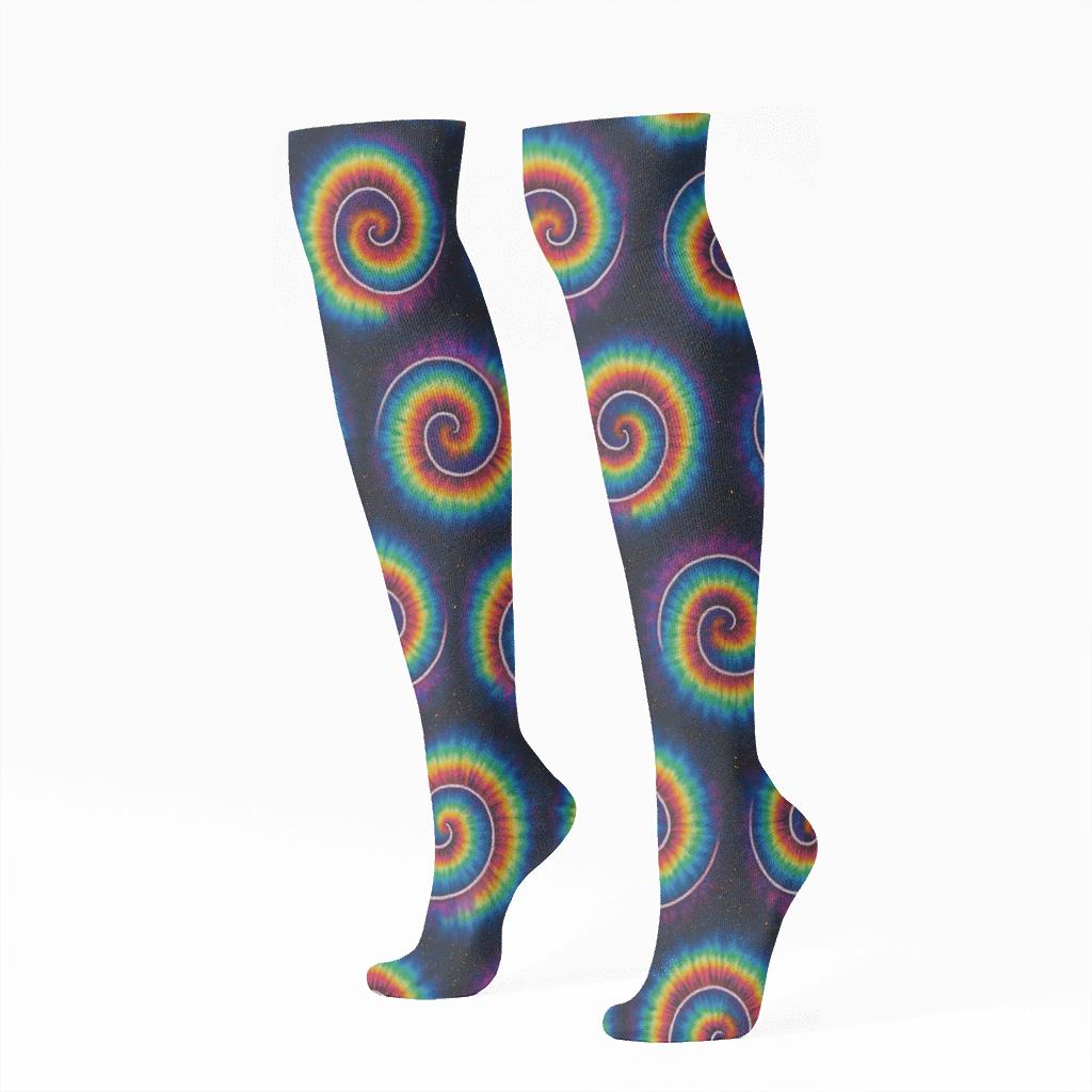 Neon Spiral Tile Lattice On Black Background soft everyday knee-high socks