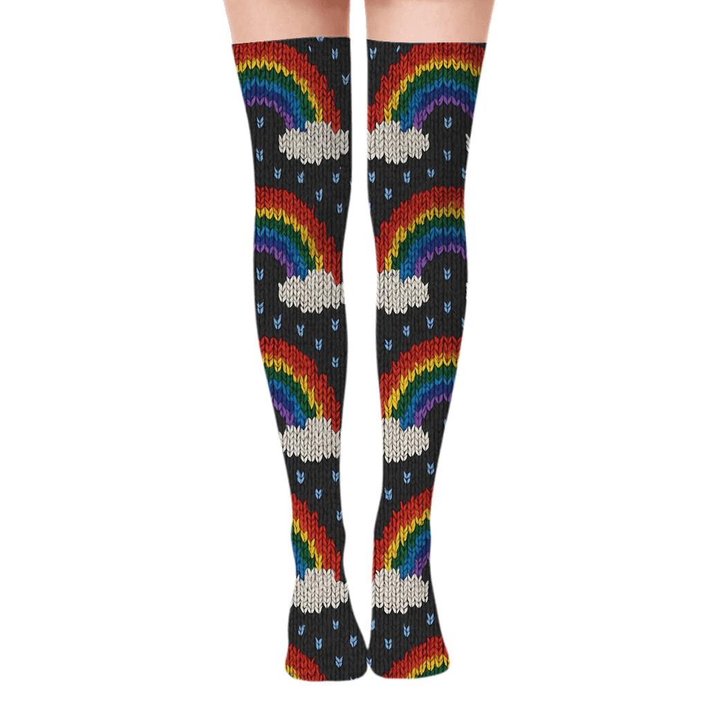 Knitted Rainbow Chevron Cloud Cuffs comfortable cotton over-the-knee socks