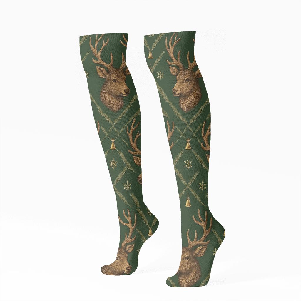 Reindeer Medallion Lattice In Deep Forest custom knee-high socks