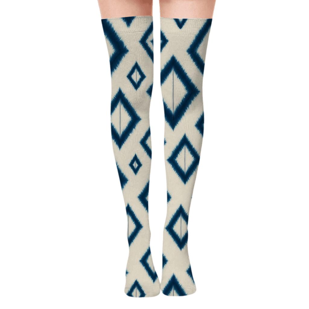 Indigo Shibori Diamond Drift On Ivory Background stylish fashion over-the-knee socks