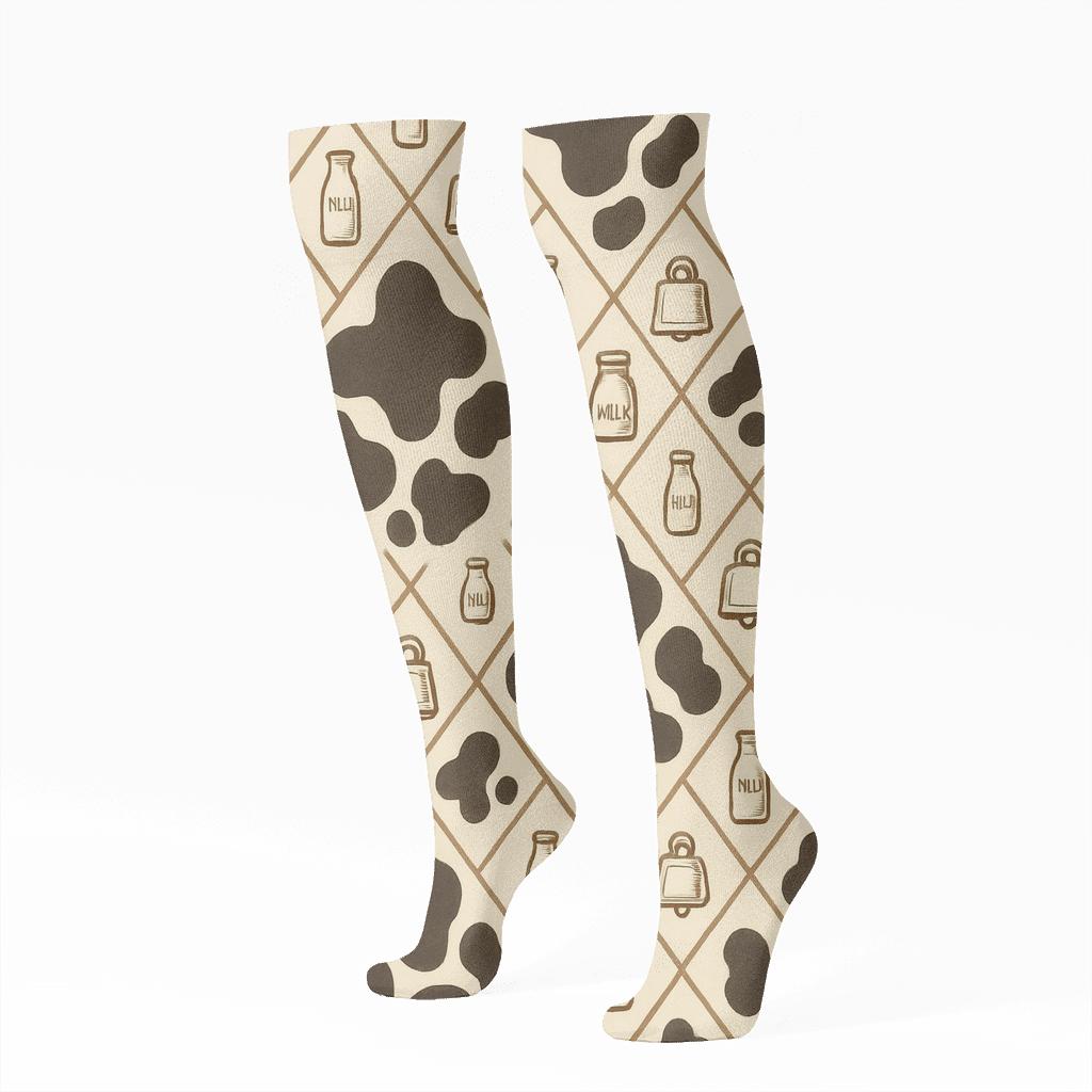Retro Dairy Label Cowbell Lattice comfortable cotton knee-high socks