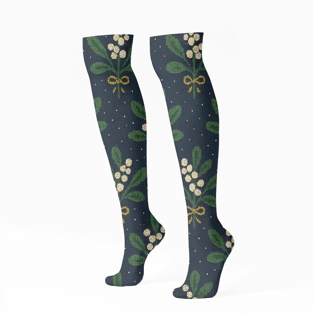 Mistletoe Sprig Grid On Midnight Blue personalized knee-high socks