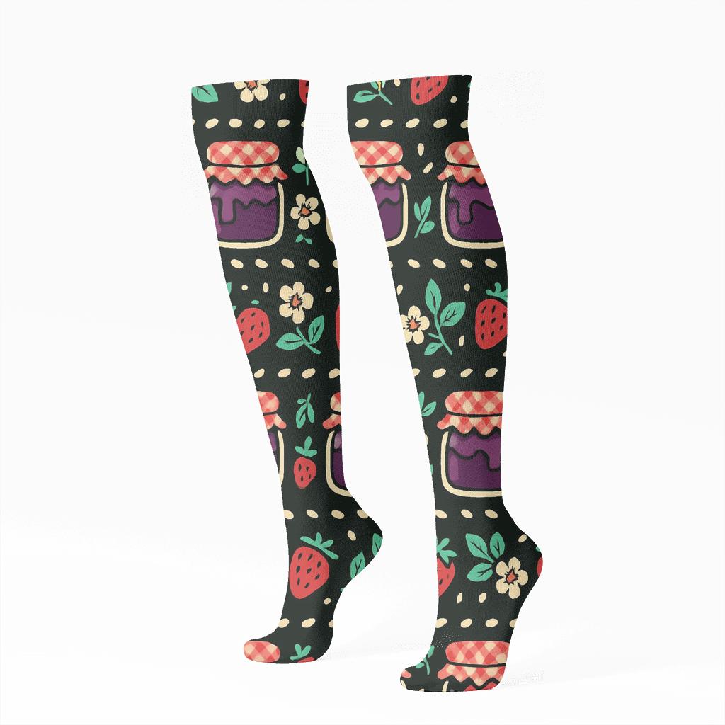 Midnight Strawberry Jam Jar Stripe Repeat designer print knee-high socks