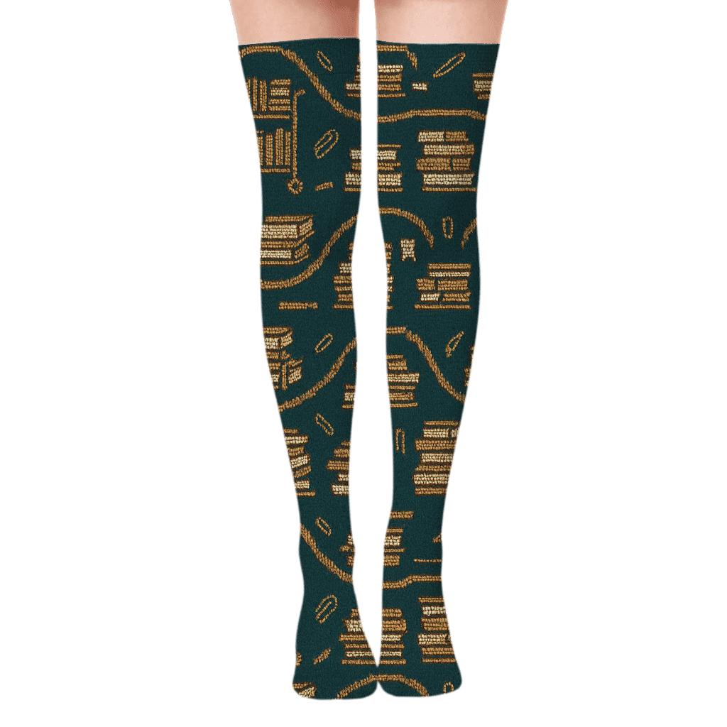 Librarian Book Cart Wave On Deep Teal designer print over-the-knee socks