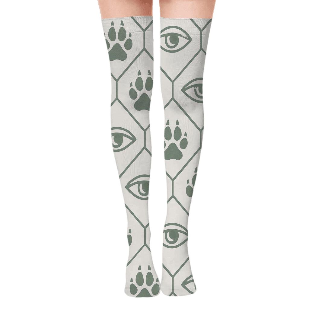 Minimalist Tile Set with Gray wolf Track Geometry Over-the-Knee Socks