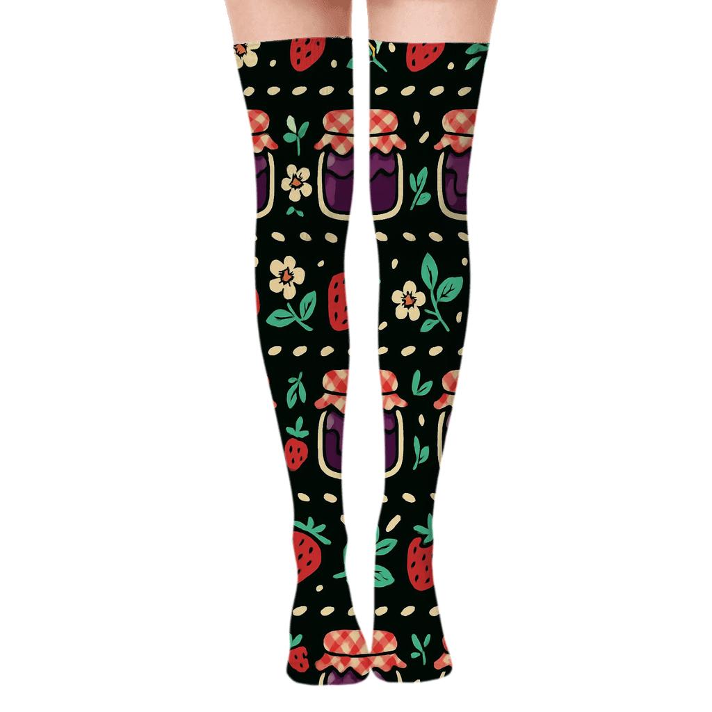 Midnight Strawberry Jam Jar Stripe Repeat trendy patterned over-the-knee socks