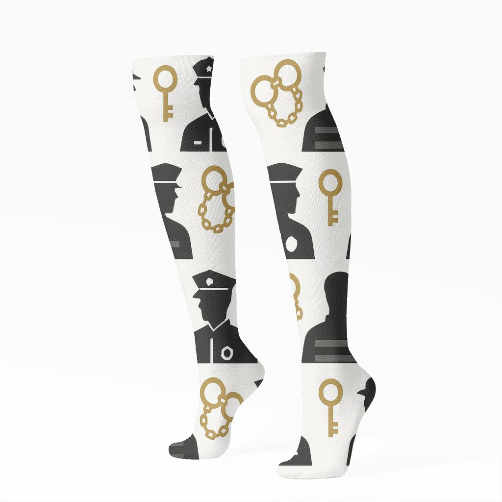 Mirrored Badge And Key Pattern With Prison Officer unique graphic knee-high socks