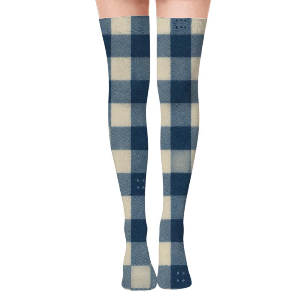 Indigo Gingham Micro Dot Weave Grid comfortable cotton over-the-knee socks