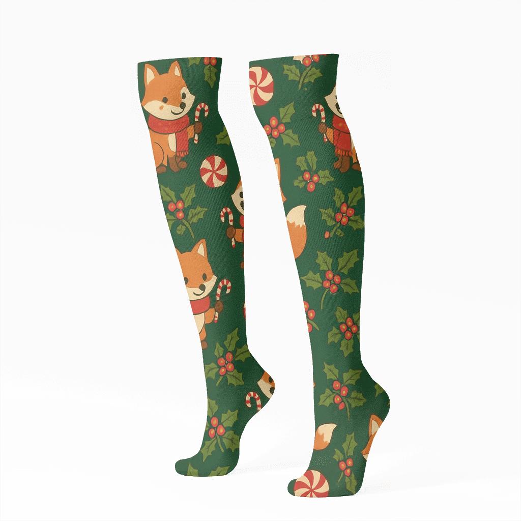 Candy Cane Fox Diamond Tessellation On Pine Green Background custom knee-high socks
