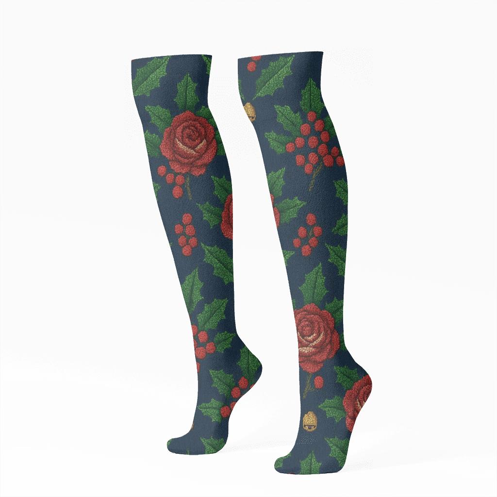 Embroidered Holly Rose Lattice On Navy Background comfortable cotton knee-high socks