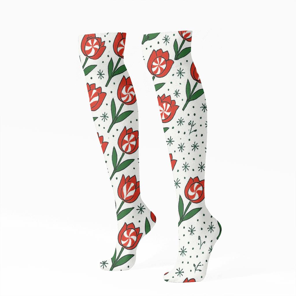 Candy Cane Tulip Stripe Scatter On White Background unique graphic knee-high socks