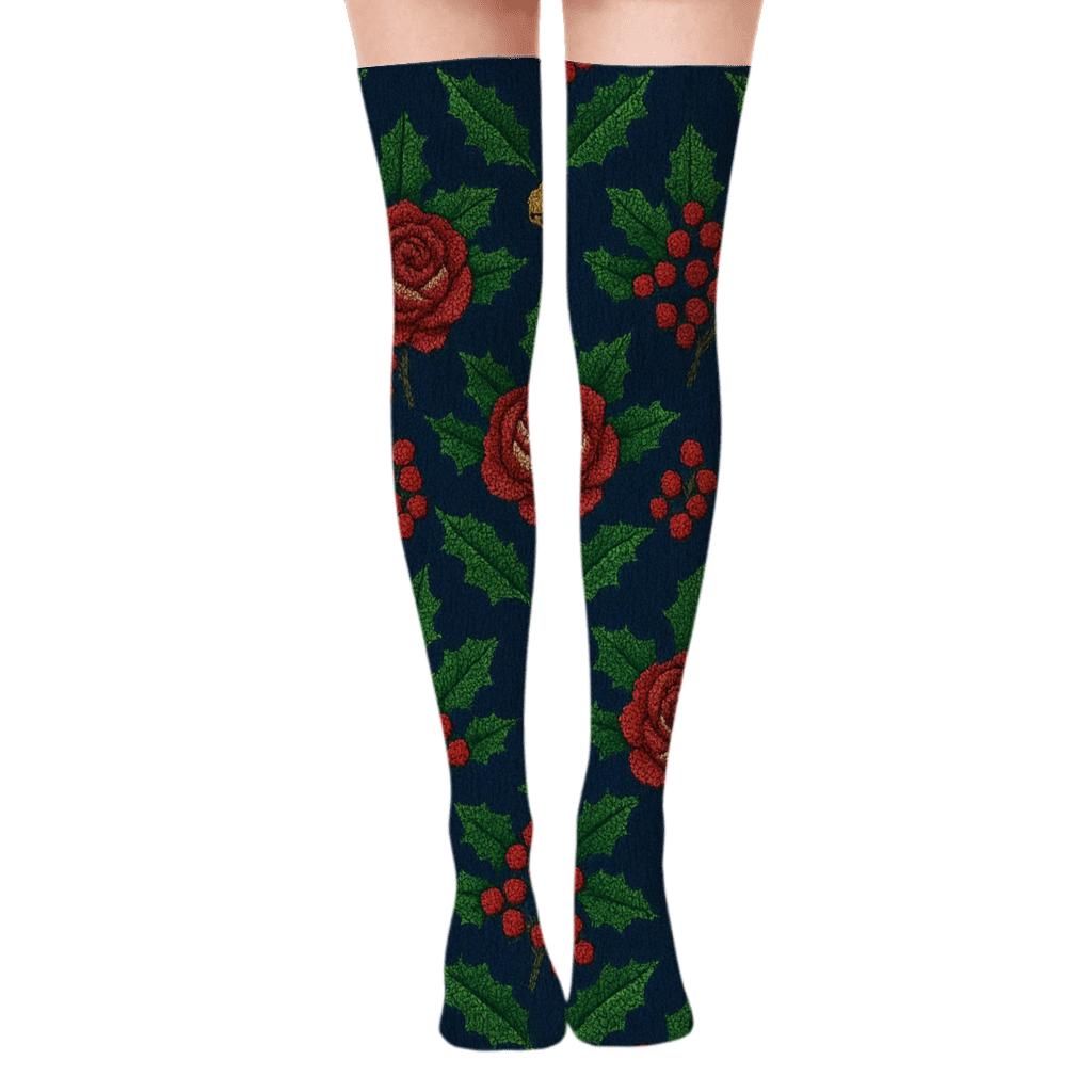 Embroidered Holly Rose Lattice On Navy Background designer print over-the-knee socks