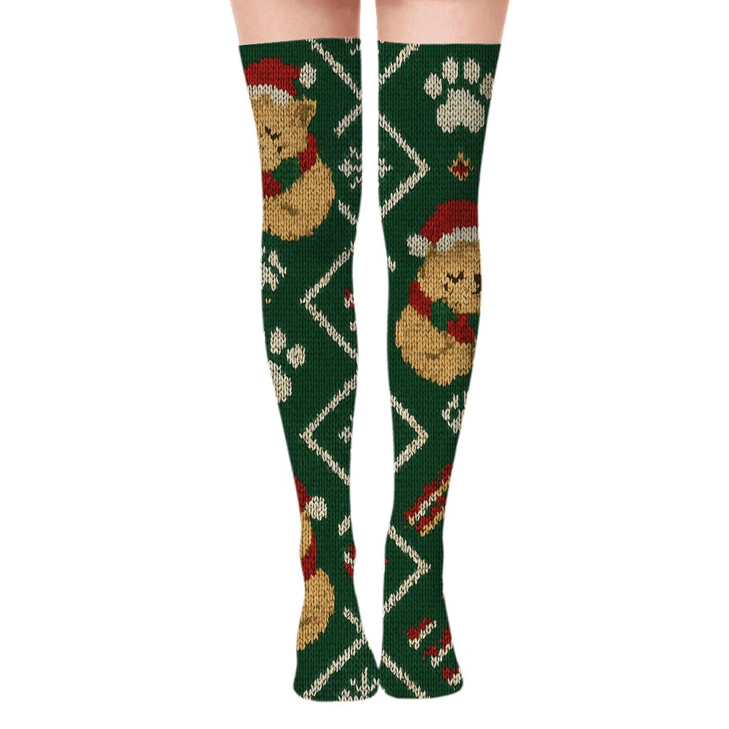 Holly Scarf Kittens Fair Isle Repeat On Pine Green Background custom over-the-knee socks