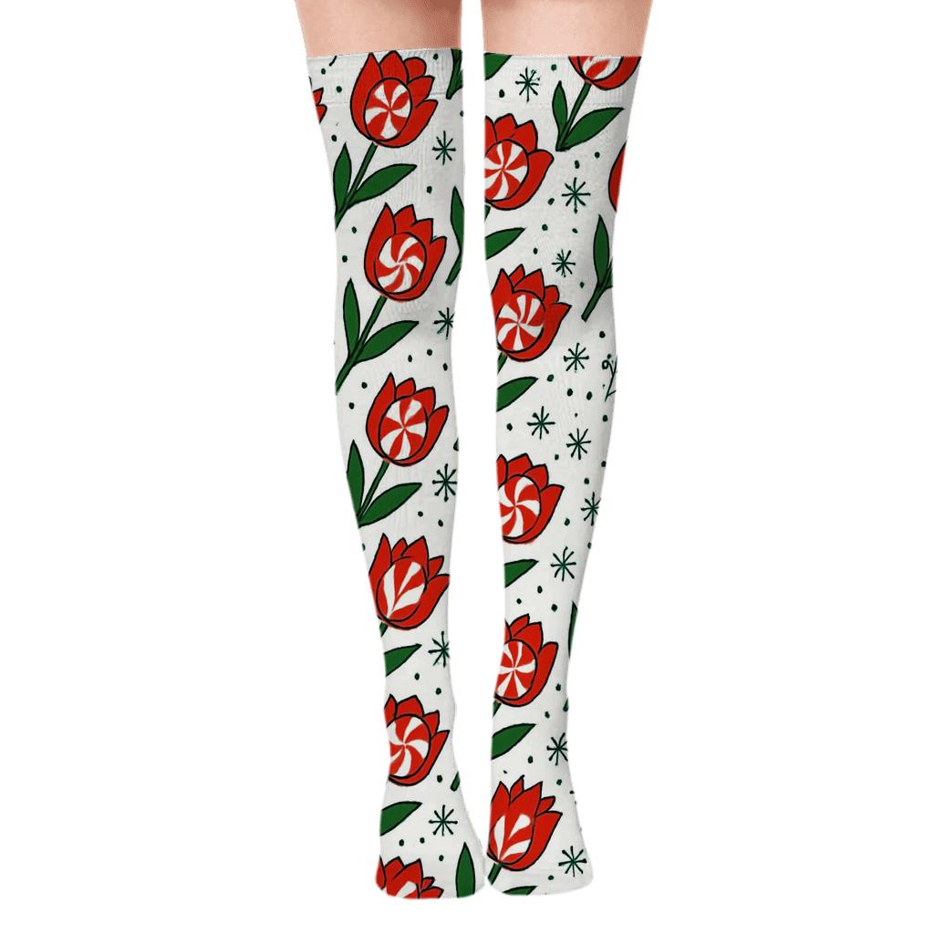 Candy Cane Tulip Stripe Scatter On White Background comfortable cotton over-the-knee socks