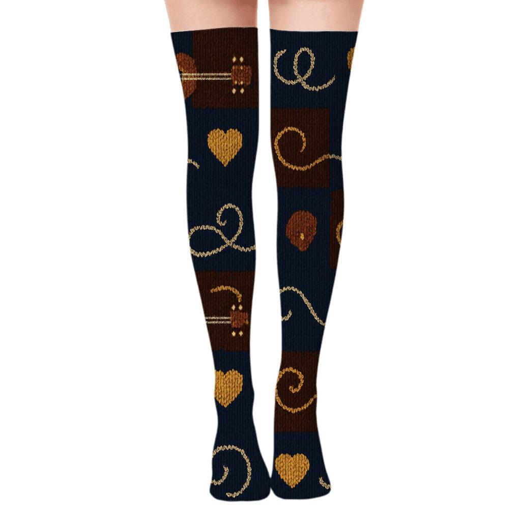 Knit Illusion Patchwork Guitar Rhythm unique graphic over-the-knee socks
