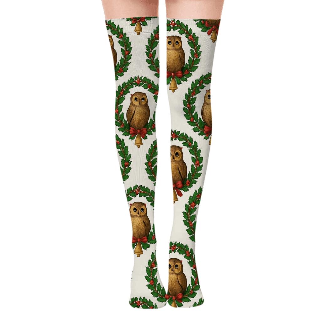Holly Owl Wreath Ring Repeat On Snow White Background soft everyday over-the-knee socks