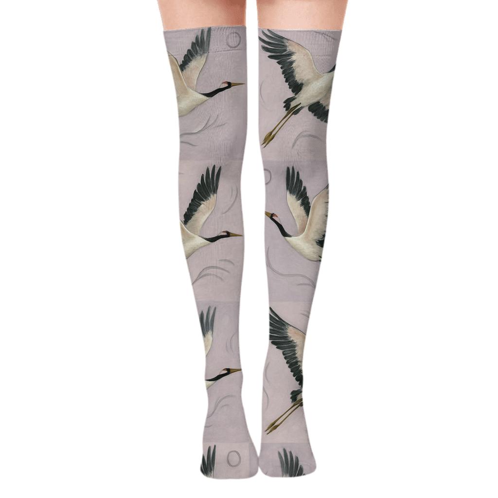 Crane Flight Mirror Tiles On Pale Lavender Background premium cozy over-the-knee socks