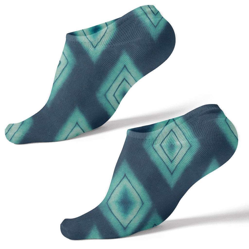 Teal Seafoam Shibori Diamond Rail Repeat On Deep Navy Background unique graphic ankle socks