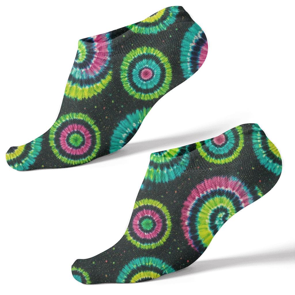 High Contrast Neon Spiral Tile Burst On Black Background designer print ankle socks
