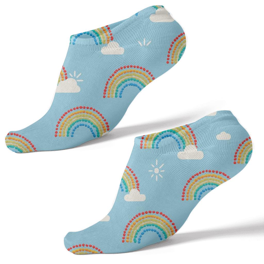 Minimal Rainbow Arc Dot Lattice On Sky Blue personalized ankle socks