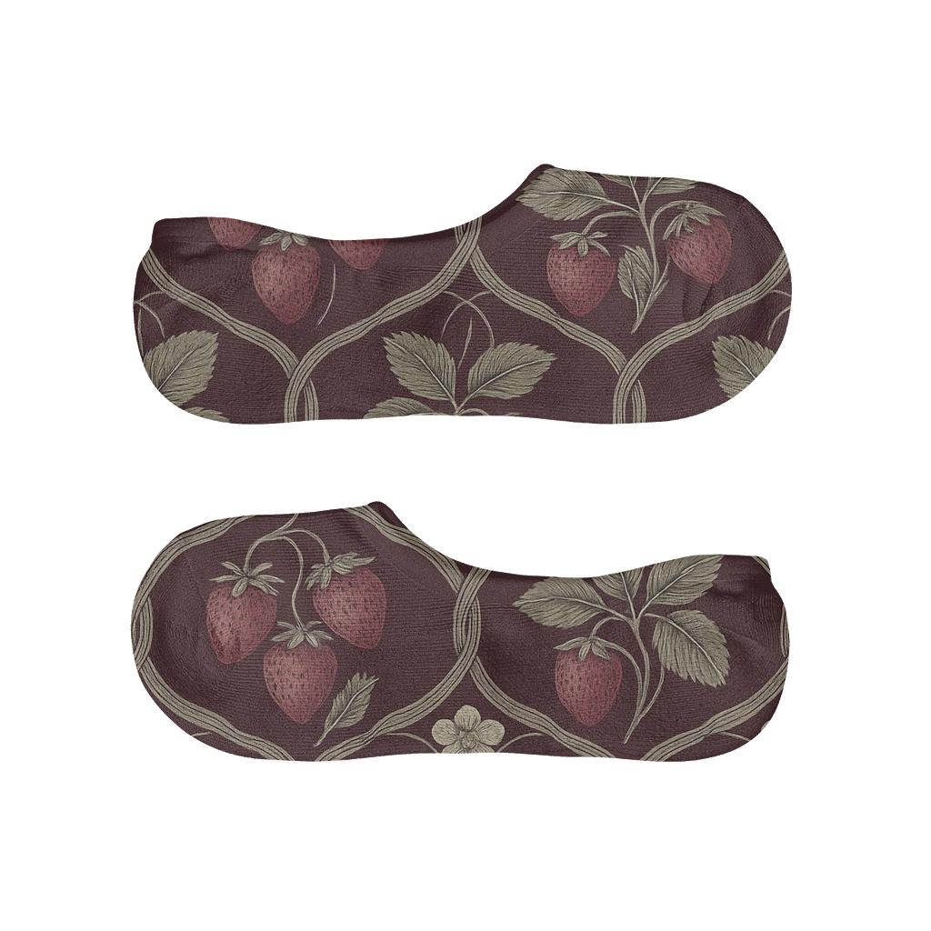 Vintage Strawberry Botanical Lattice On Deep Berry Background designer printed no-show socks