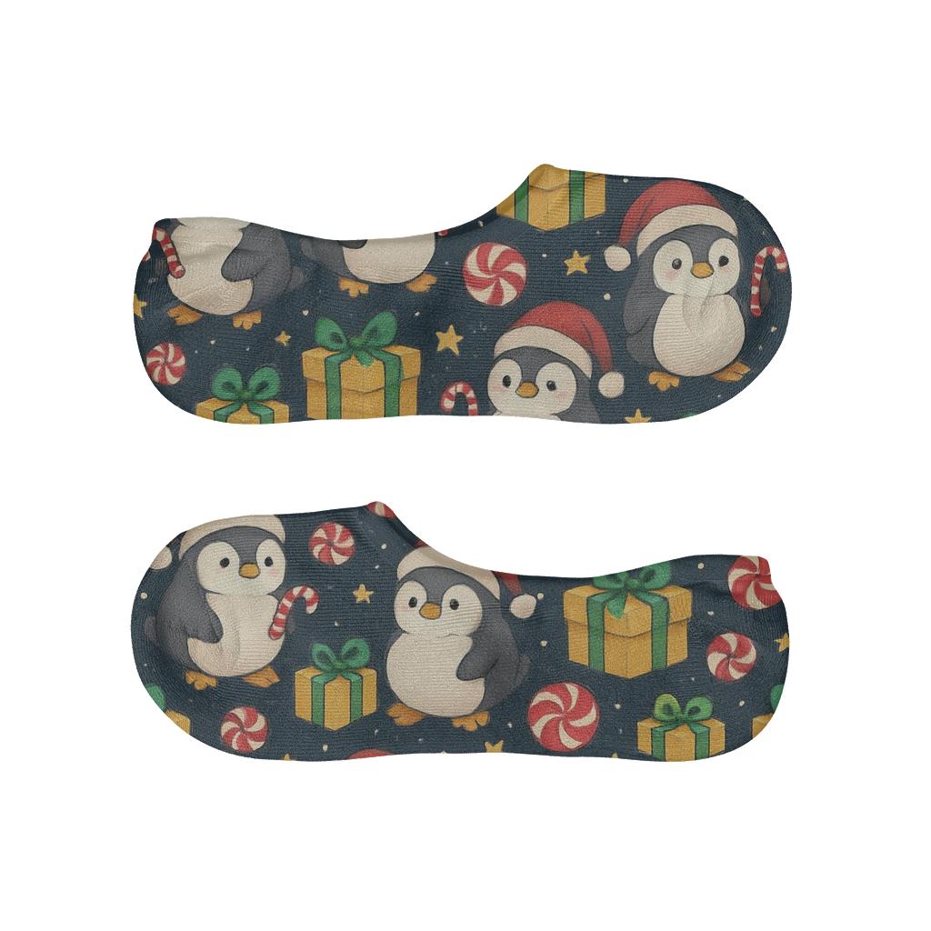 Candy Cane Penguin Parade Tessellation On Deep Navy Background designer printed no-show socks