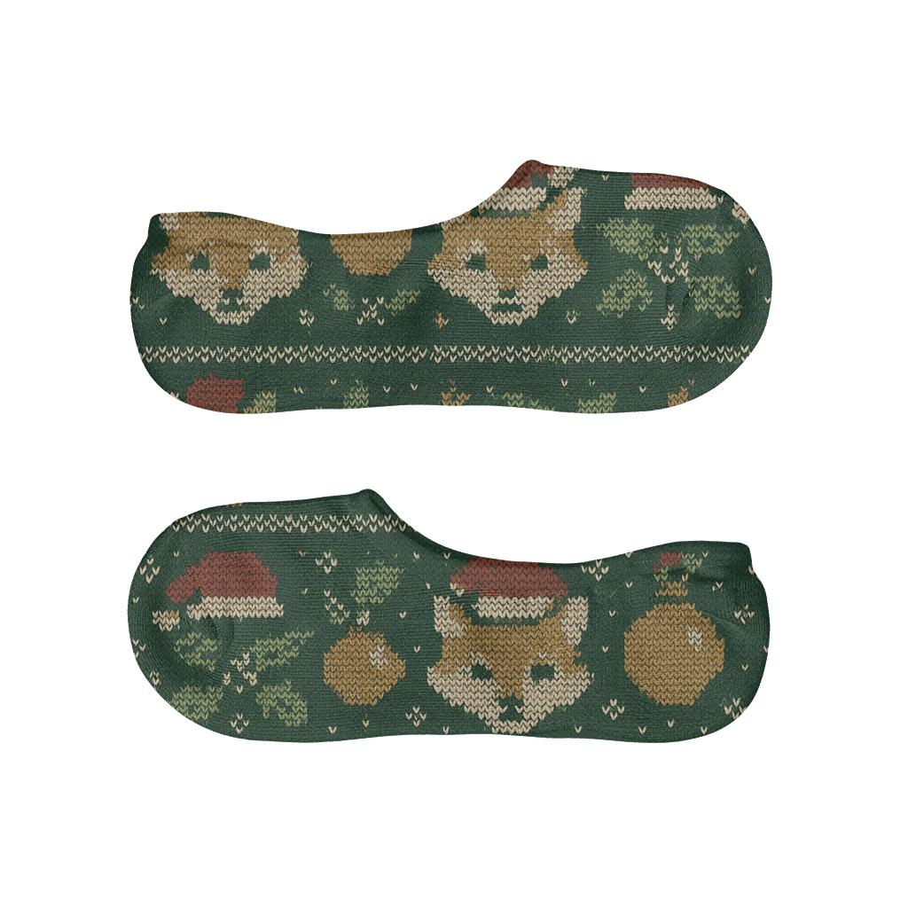 Cozy Knitted Fox And Ornament Fair Isle Bands On Forest Green Background trendy no-show sock styles