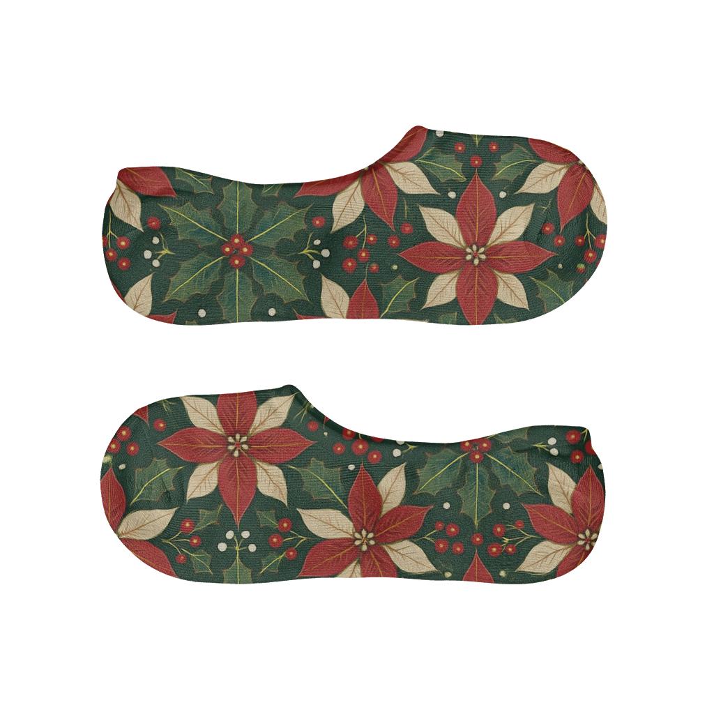 Crimson Poinsettia Snowflake Lattice On Midnight Green Background anti-slip no-show socks